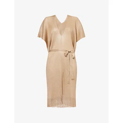 Max Mara Womens Antique Rose Donnola Fringed Knitted Mini Dress In Brown