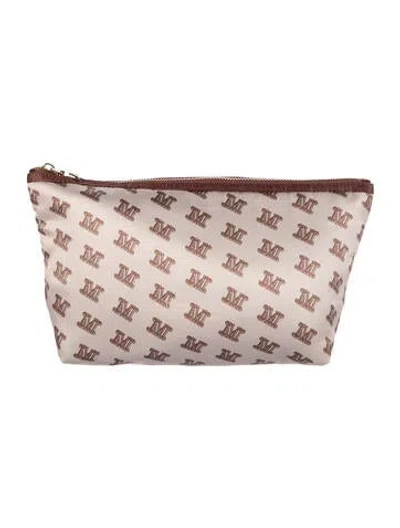 Pre-owned Max Mara Womens Brown Pattern Print Cosmetic Bag With Exposed Zip Closure In Neutral