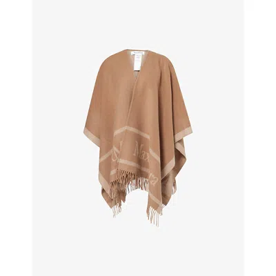Max Mara Womens Camel Logo-print Fringed Wool Scarf In Brown