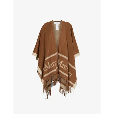 Max Mara Womens Hilde Fringed Relaxed-fit Wool Poncho Tobacco