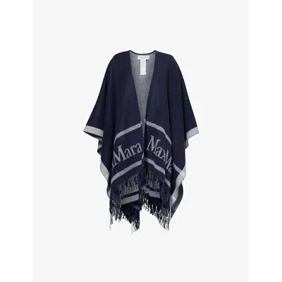 Max Mara Womens Hilde Fringed Relaxed-fit Wool Poncho Ultramarine
