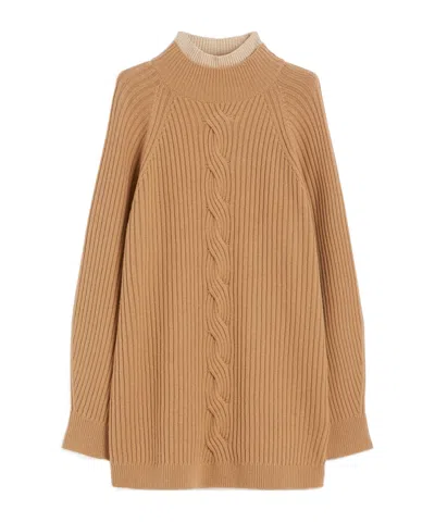 Max Mara Alcazar Cable Knit High Neck Sweater In Brown