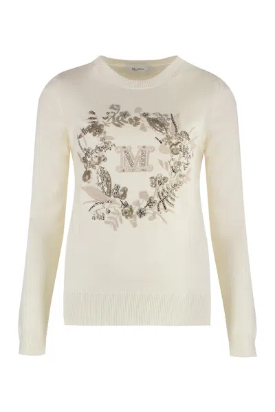 Max Mara Wool And Cashmere Sweater With Ribbed Knit Edges And Embroidered Details In Panna
