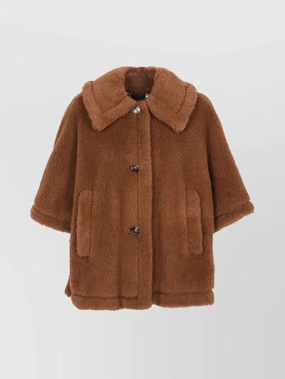 MAX MARA WOOL BUTTONED CAPE WITH FAUX FUR TEXTURE