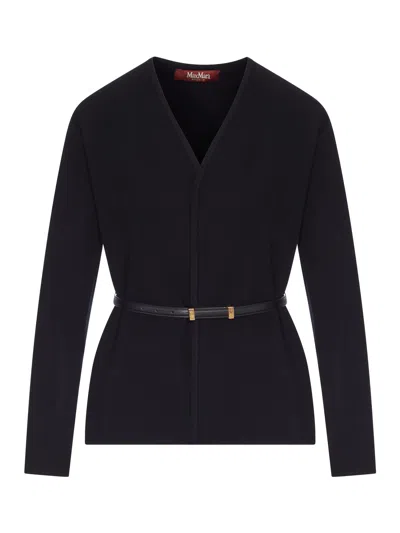 Max Mara Wool Cardigan With Leather Profiles And Belt In Black