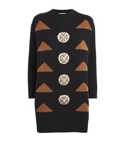 Max Mara Wool-cashmere Jacquard Mini Dress In Black