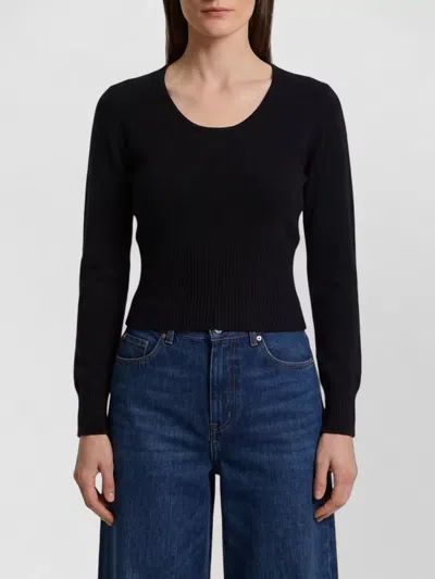 Max Mara Wool Cashmere Ribbed Hem Crewneck Sweatshirt In Black