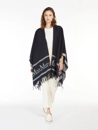 Max Mara Jacquard Logo-decorated Wool Cloak In Navy
