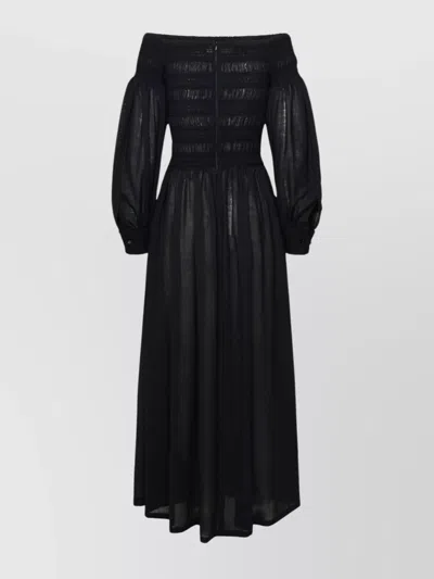 Max Mara Wool Dress With Elasticated Waist And Sheer Sleeves In Black