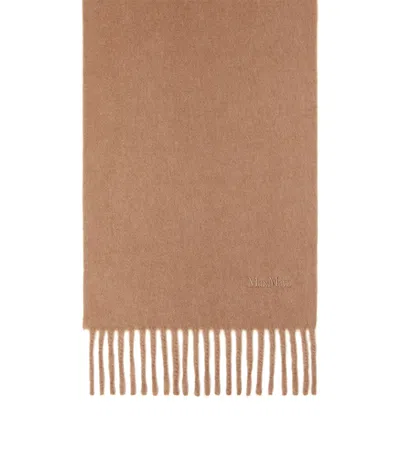 Max Mara Wool Fringed Logo Scarf In Beige