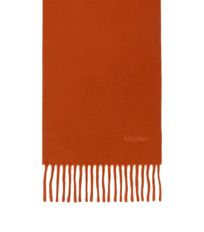 Max Mara Wool Fringed Logo Scarf In Orange