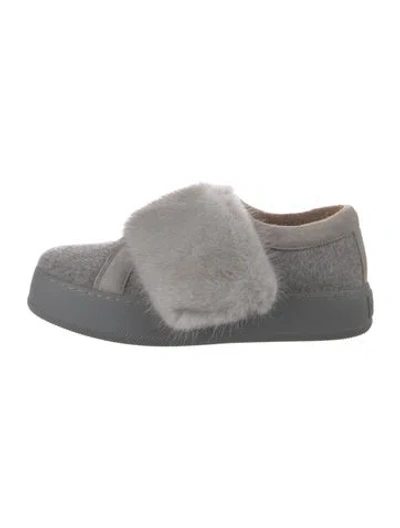 Pre-owned Max Mara Wool Fur Trim Mules In Gray