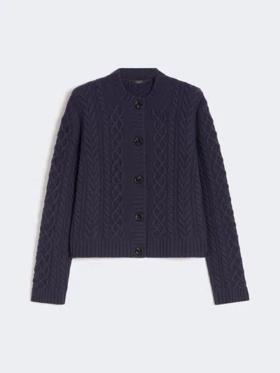 Max Mara Wool Knit Crew-neck Cardigan In Blue
