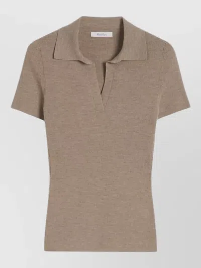Max Mara Wool Knit Top Ribbed Short Sleeves In Brown