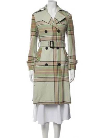 Pre-owned Max Mara Wool Plaid Print Trench Coat In Green