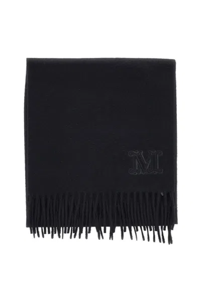 Max Mara Wool Scarf With Logo And Fringed Edges In Black