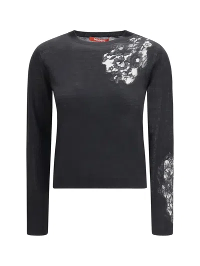 Max Mara Wool Sweater With Lace Inserts In Black