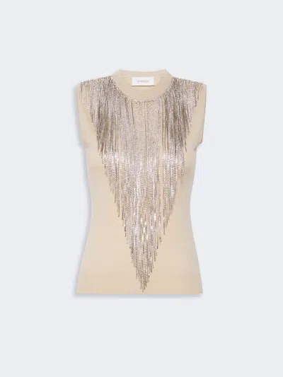 Max Mara Wool Top With Bejewelled Fringe Detail In Neutral