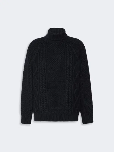 Max Mara Wool Yarn Turtleneck Aran Jumper In Navy