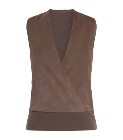 Max Mara Wool-cashmere-lamb Suede Sleeveless Wrap Waistcoat In Brown