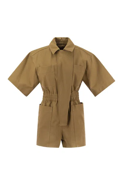 MAX MARA WORKWEAR-INSPIRED COTTON DRILL SHORT JUMPSUIT FOR WOMEN IN LEATHER