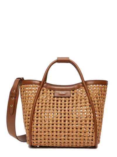 Max Mara Woven Handbag With Removable Pouch And Tubular Handles In Brown
