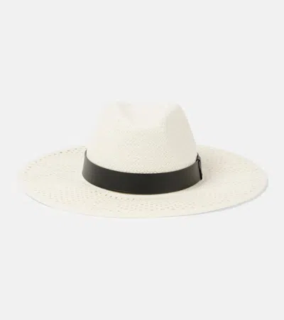Max Mara Woven Leather-trimmed Panama Hat In White