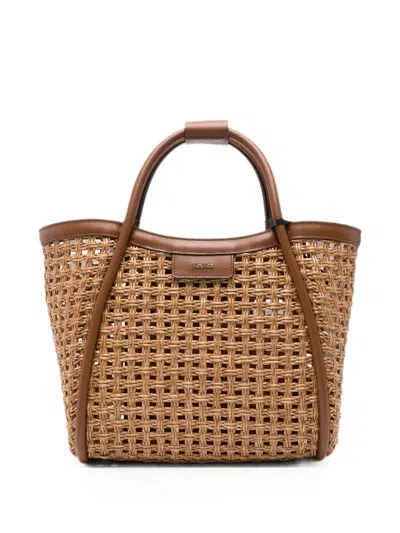 Max Mara Woven Handbag With Removable Pouch And Tubular Handles In Brown