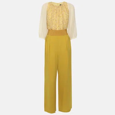 Pre-owned Max Mara Yellow Printed Silk Belted Jumpsuit S