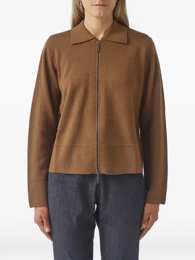 Max Mara Zip-up Collared Cardigan In Brown