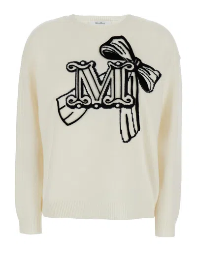 Max Mara 'zurlo' White Sweater With Dropped Shoulders And Logo Embroidery On The Front In Wool And C