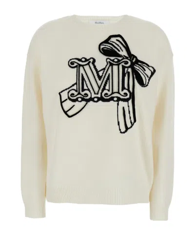 Max Mara 'zurlo' White Sweater With Dropped Shoulders And Logo Embroidery On The Front In Wool And Cashmere