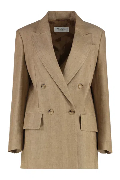 Max Mara -inspired Linen Lapel Jacket With Padded Shoulders And Double Slit Hem In Saddle Brown