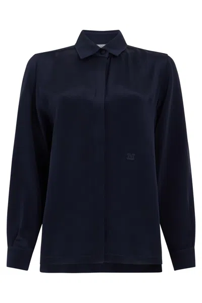Max Mara -style Silk Long-sleeve Button-front Shirt In Blue