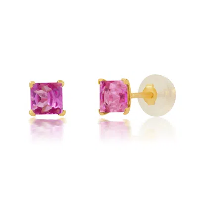 Max + Stone 14k Yellow Gold Square Princess Cut 4mm Gemstone Stud Earrings In Pink