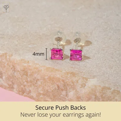 Max + Stone 14k Yellow Or White Gold 4mm Square Princess Cut Gemstone Stud Earrings In Pink