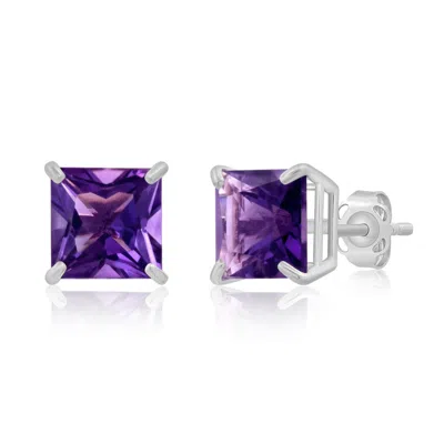 Max + Stone 14k Yellow Or White Gold 7mm Princess Cut Gemstone Square Stud Earrings In Purple