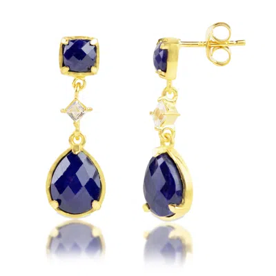 Max + Stone 18k Gold Plated Genuine Blue Sapphire 3 Stone Dangle Drop Earrings