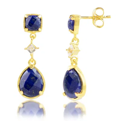 Max + Stone 18k Gold Plated Genuine Gemstone 3 Stone Dangle Drop Earrings In Blue