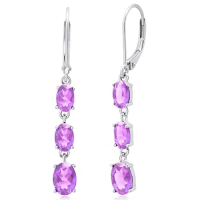 Max + Stone 925 Sterling Silver 3 Stone Gemstone Leverback Dangle Earrings In Purple