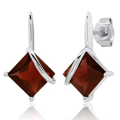 Max + Stone 925 Sterling Silver 7mm Princess Cut Gemstone Square Drop Dangle Earrings In Burgundy