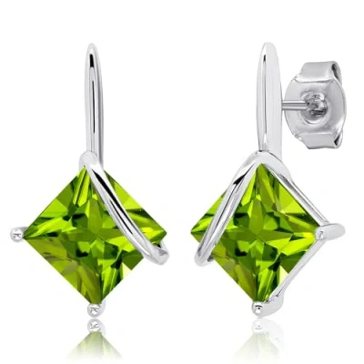 Max + Stone 925 Sterling Silver 7mm Princess Cut Gemstone Square Drop Dangle Earrings In Green