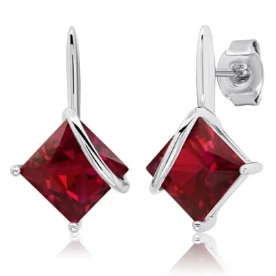 Max + Stone 925 Sterling Silver 7mm Princess Cut Gemstone Square Drop Dangle Earrings In Red
