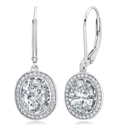 Max + Stone 925 Sterling Silver Cubic Zirconia Halo Oval Dangle Leverback Earrings