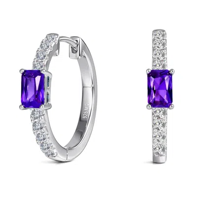 Max + Stone 925 Sterling Silver Emerald Cut Round Gemstone Hoop Earrings With Cubic Zirconia In Metallic