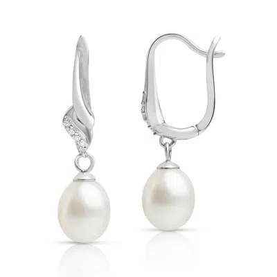 Max + Stone 925 Sterling Silver Freshwater Pearl & Diamond Dangle Earrings In Metallic