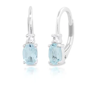 Max + Stone 925 Sterling Silver Oval 4x6mm Aquamarine And White Sapphire Leverback Earrings
