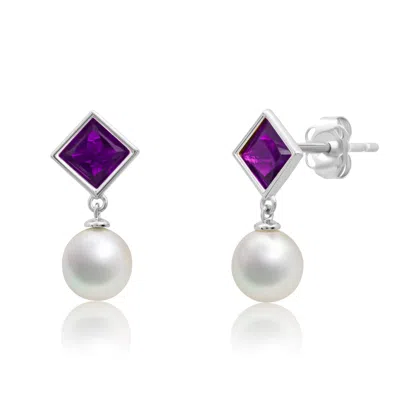 Max + Stone 925 Sterling Silver Princess Cut Gemstone Stud Earrings With Freshwater Pearl In Metallic