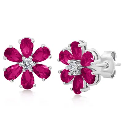 Max + Stone 925 Sterling Silver Round Flower Gemstone Hoop Earrings With White Topaz Stone In Pink