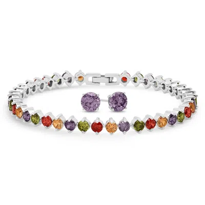 Max + Stone Silver Plated Multi Cubic Zirconia Round Tennis Bracelet & Earring Set